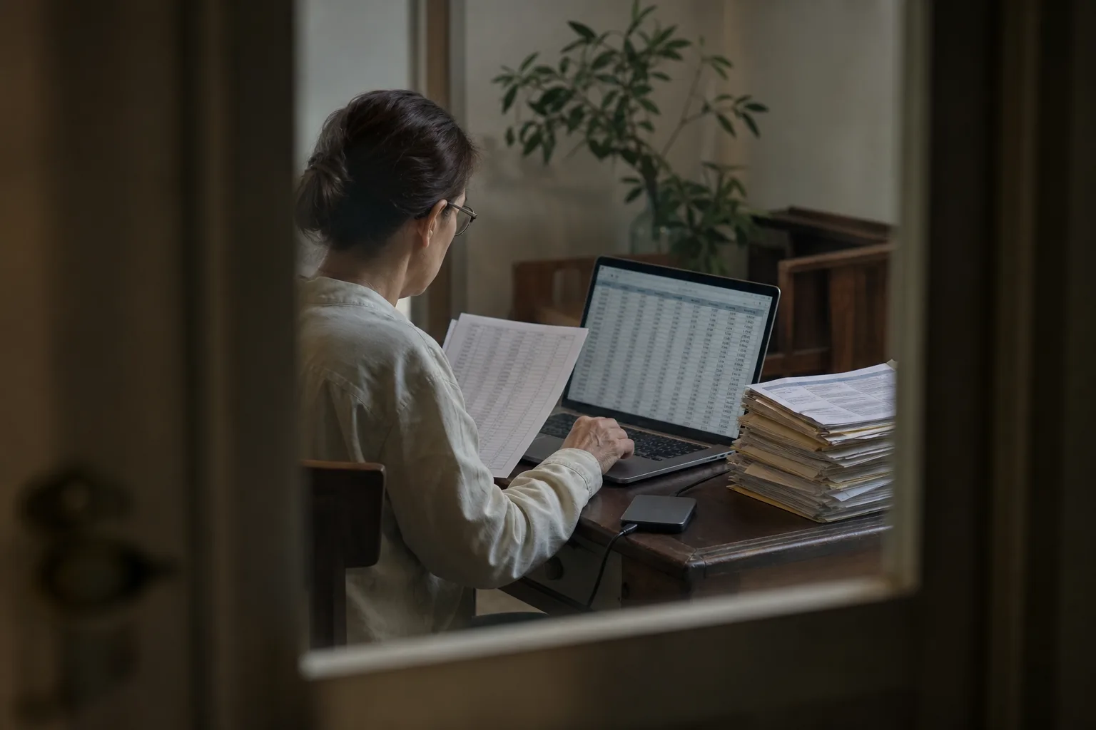 A bookkeeper at a desk comparing a restored spreadsheet on a laptop screen against a printed ledger, with an external hard drive and a stack of invoices besi...
