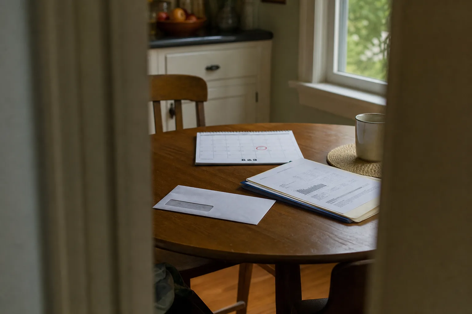 An unopened window envelope from a tax agency resting on a kitchen table beside a folder of brokerage statements and a calendar with a date circled