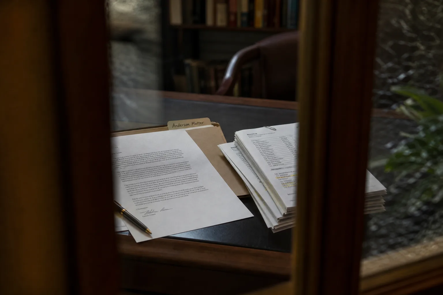 A signed professional services engagement letter on a desk beside a stack of itemized invoices and a folder tab labeled by matter