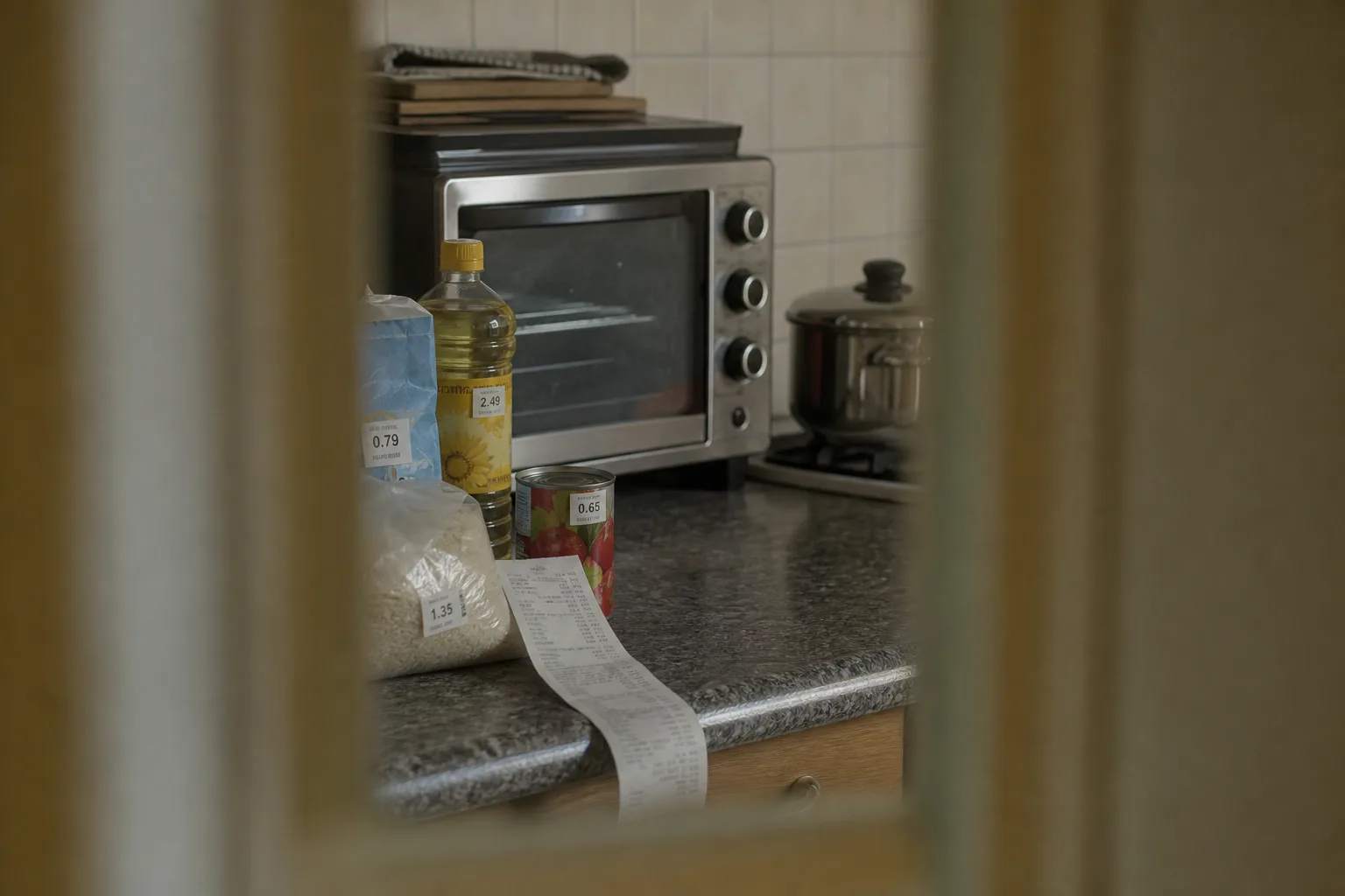 A kitchen counter with a grocery receipt, a few staple packages showing their unit price labels, and a small countertop oven beside a stovetop pot with a lid